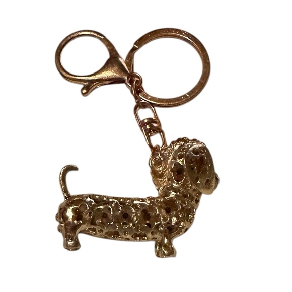 Dachshund Doxie Rhinestone Bag Charm Key Ring Champagne Color - Picture 3 of 5
